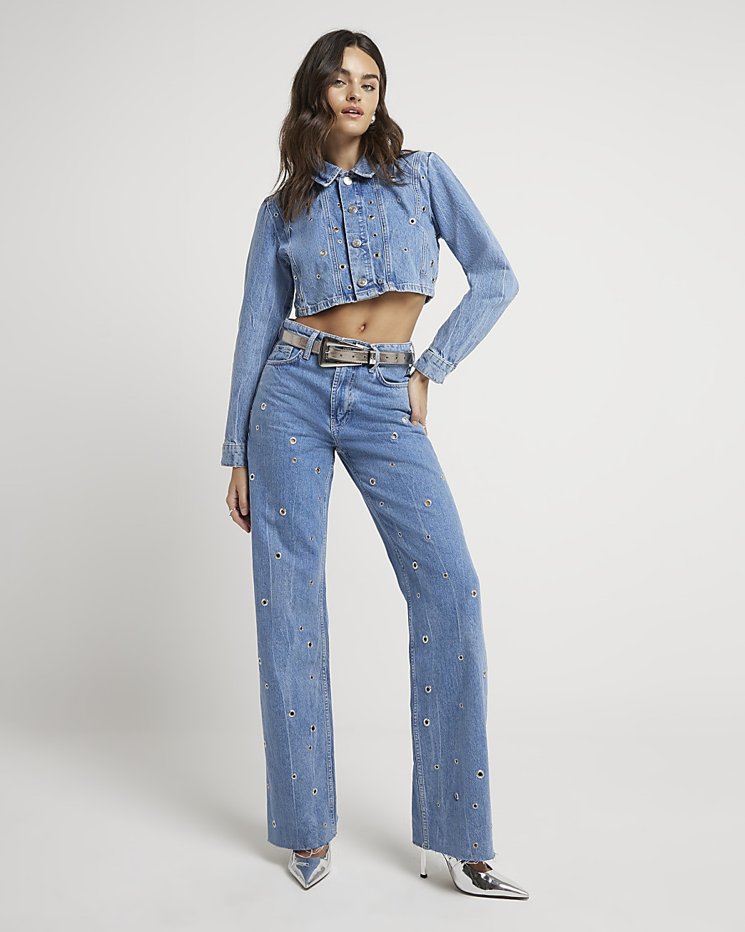 Blue relaxed straight eyelet jeans | River Island (UK & IE)