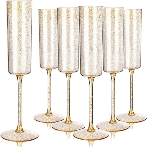 YOUBET 24 Pack Plastic Champagne Flutes - 6 Oz Gold Glitter Disposable Champagne Glasses - Square Plastic Wine Cups Wedding Toasting for Party Birthday Anniversary | Amazon (US)