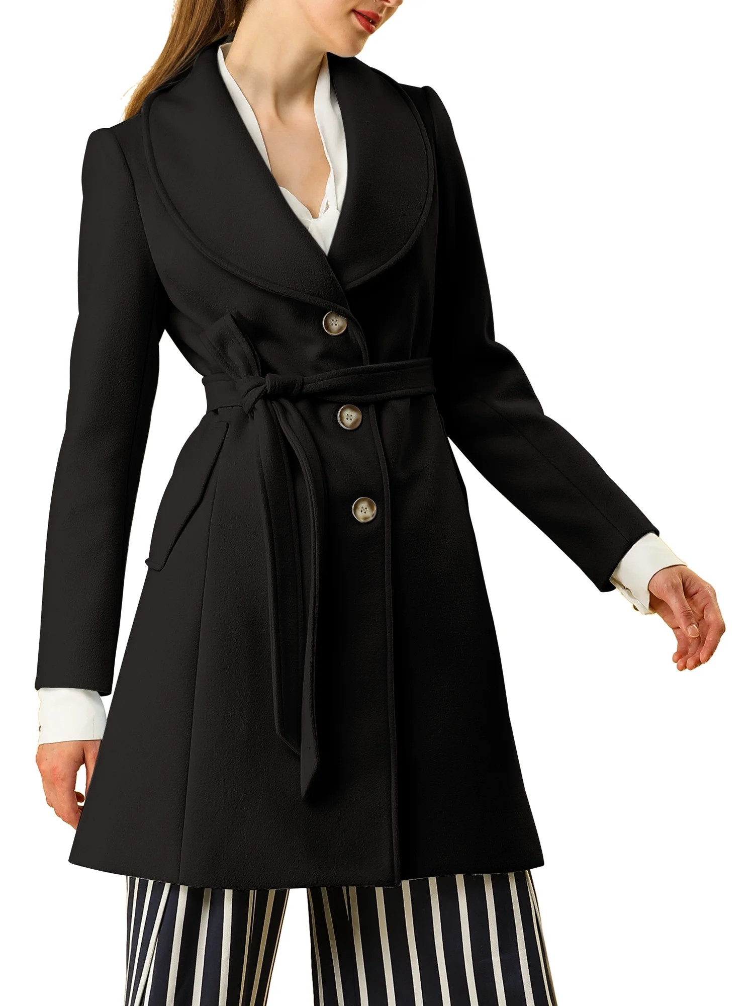 Unique Bargains Women's Rounded Shawl Collar Slim Single Breasted Belted Coat | Walmart (US)