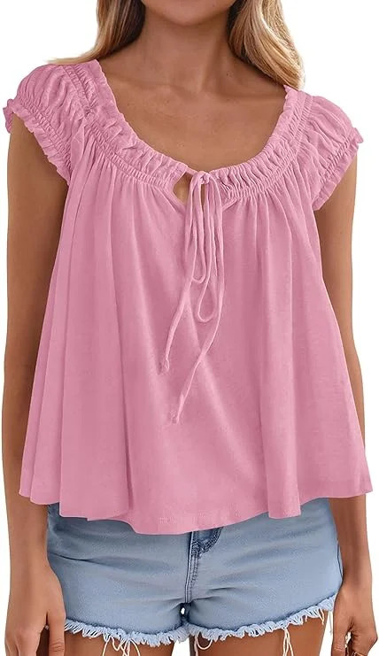 PRETTYGARDEN Womens Tie Front Tank Tops Summer Fashion Cap Sleeve Babydoll Blouses Flowy Shirts S... | Walmart (US)