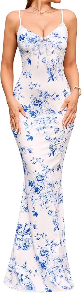 Women's Summer Floral Bodycon Maxi Dress Sexy V Neck Spaghetti Strap Lace Wedding Guest Party Cas... | Amazon (US)