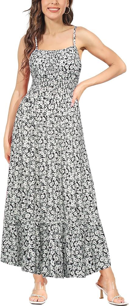 Women Dresses Summer Long Dress Spaghetti Strap Beach Square Neck Smocked Tiered A Line Maxi Dres... | Amazon (US)