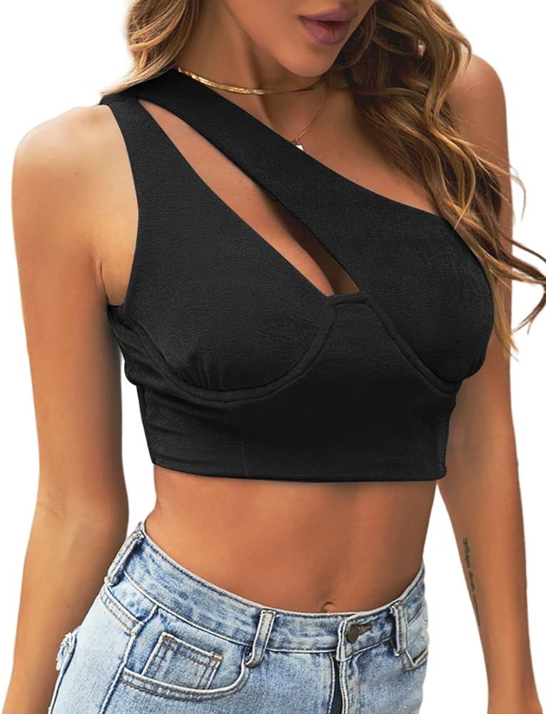 LYANER Women's Sexy One Shoulder Cut Out Sleeveless Slim Cami Crop Top | Amazon (US)