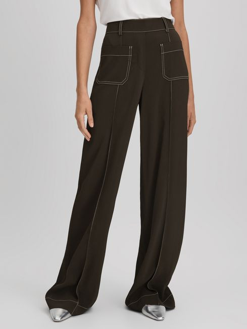 Reiss Khaki Kylie Contrast Stitch Wide Leg Trousers | Reiss UK