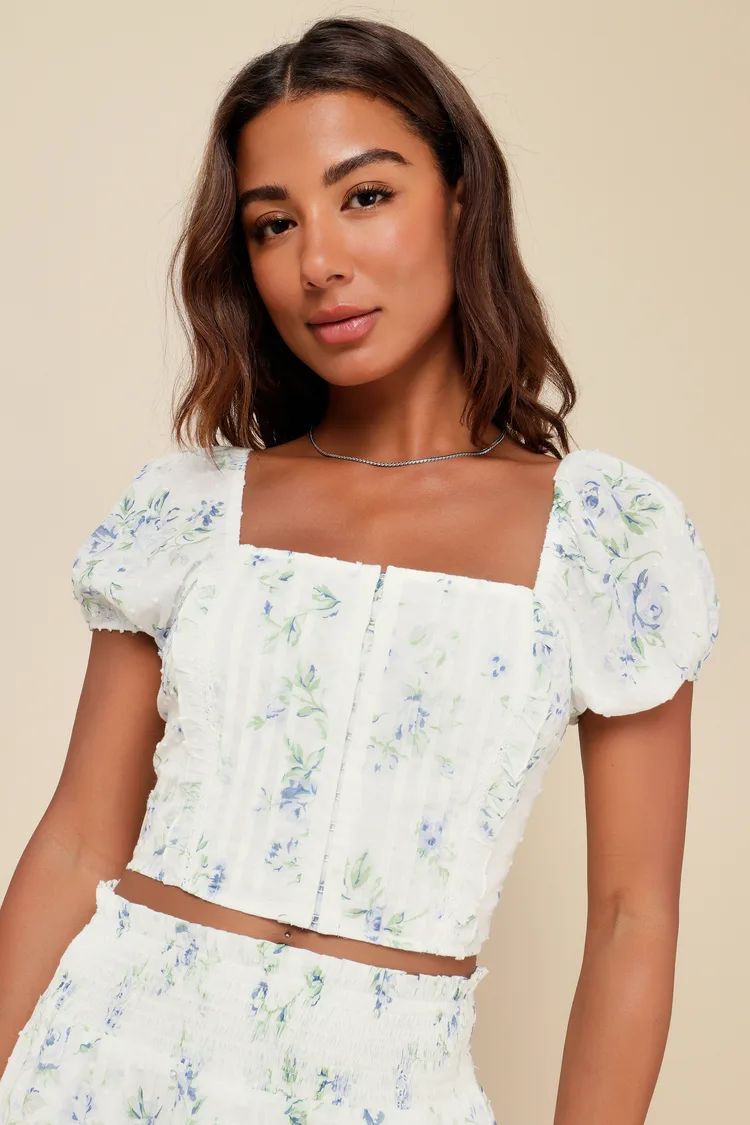 Springtime Sentiments White Floral Swiss Dot Puff Sleeve Top | Lulus