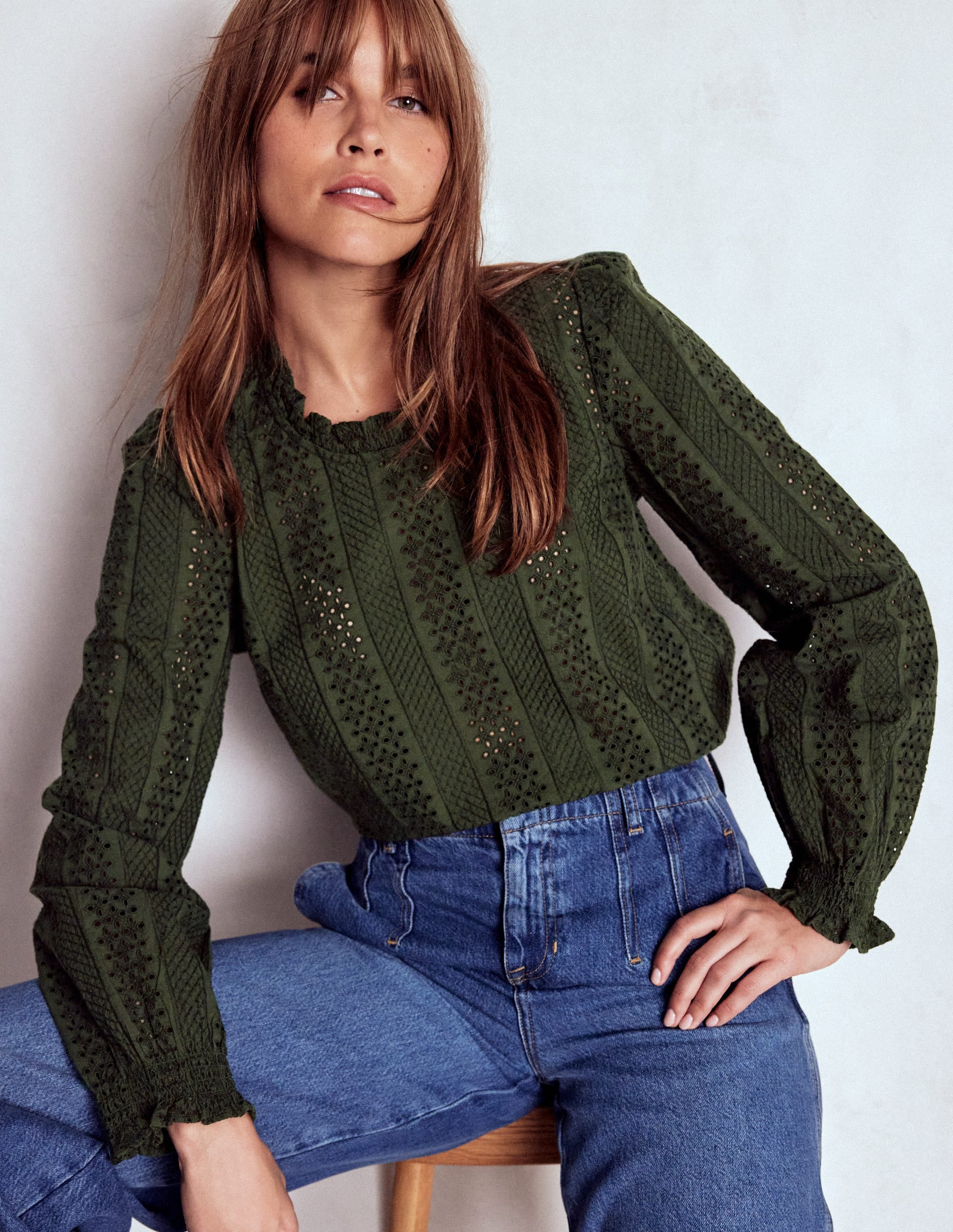 Frill Detail Broderie Top-Forest Glade | Boden (US)