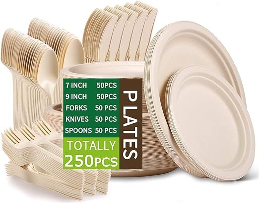 Jeopace Heavy Duty Paper Plates Set for Dinner,Disposable Paper Plates Set Eco Friendly,Sugarcane... | Amazon (US)