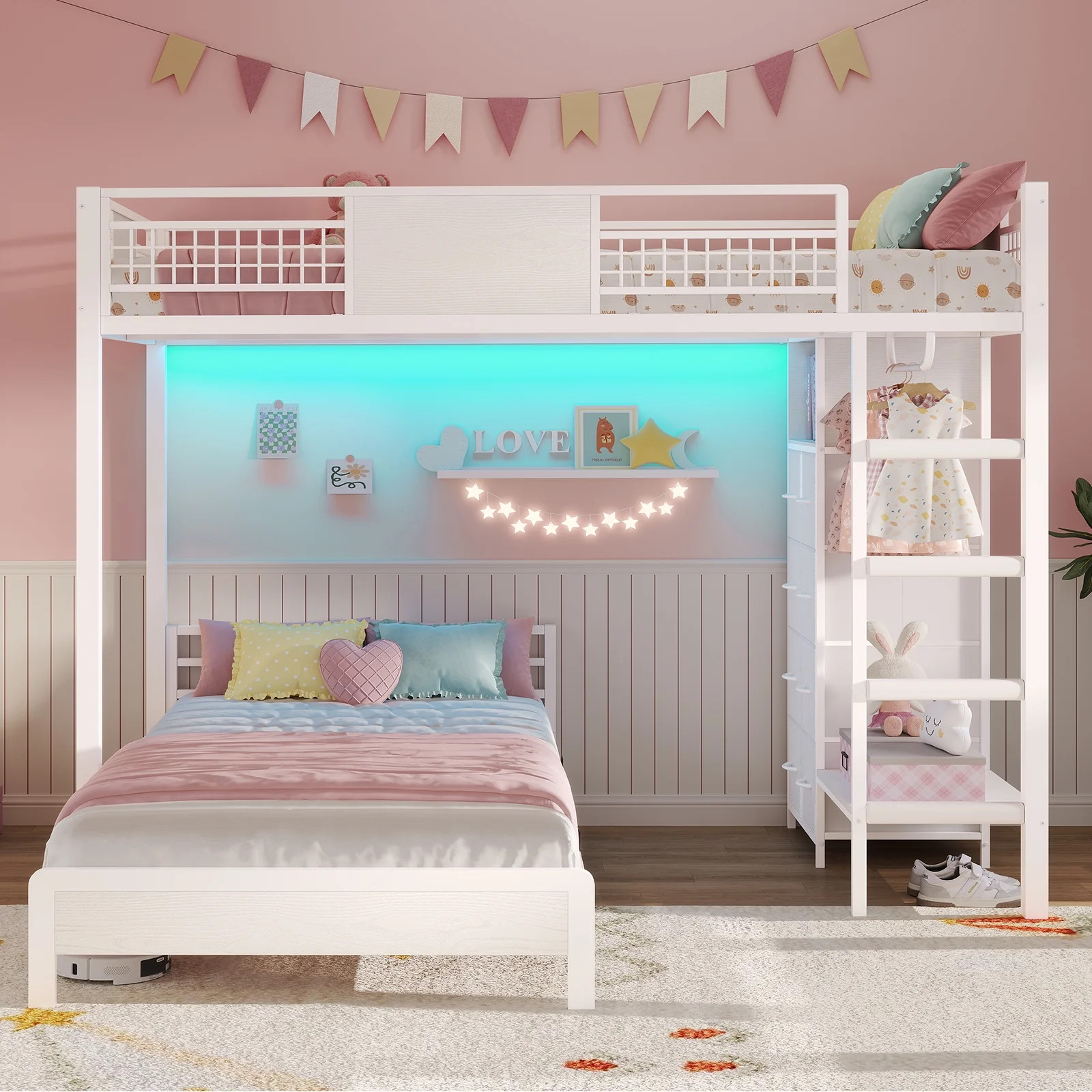 Bunk Bed Twin Over Twin Size with 8 Storage Drawers, Twin Bunk Beds with Led Lights & Storage She... | Walmart (US)