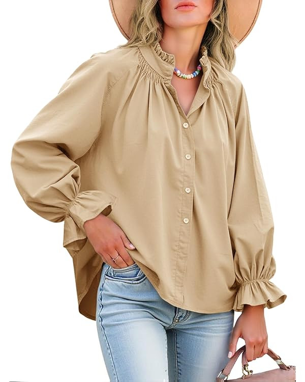 Tankaneo Womens Puff Long Sleeve Button Down Shirts Pleated V Neck Cotton Blouses Loose Fit Casua... | Amazon (US)
