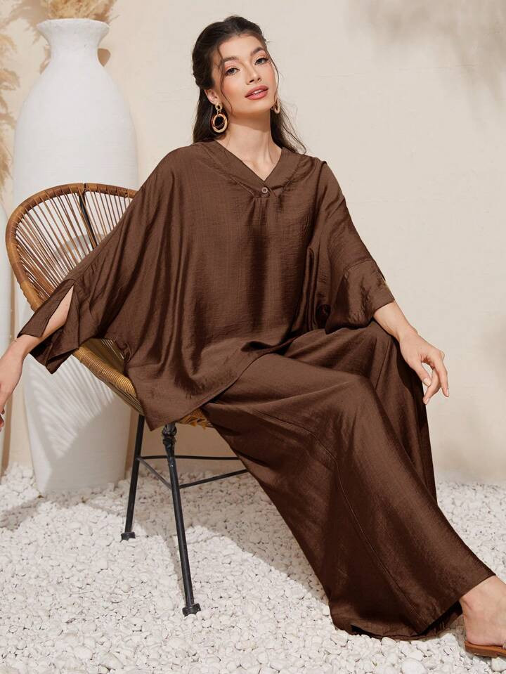 Mulvari 2pcs/Set Women Solid Color Hooded Batwing Sleeve Tops And Wide Leg Pants, Casual Loose Suit 2 Pieces Set | SHEIN
