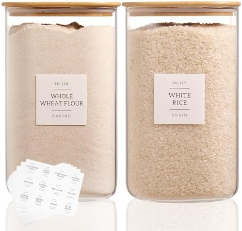 2 Pack large Square Glass Flour and Sugar Containers with 132 Kitchen Pantry Labels - Thicken 149... | Amazon (US)