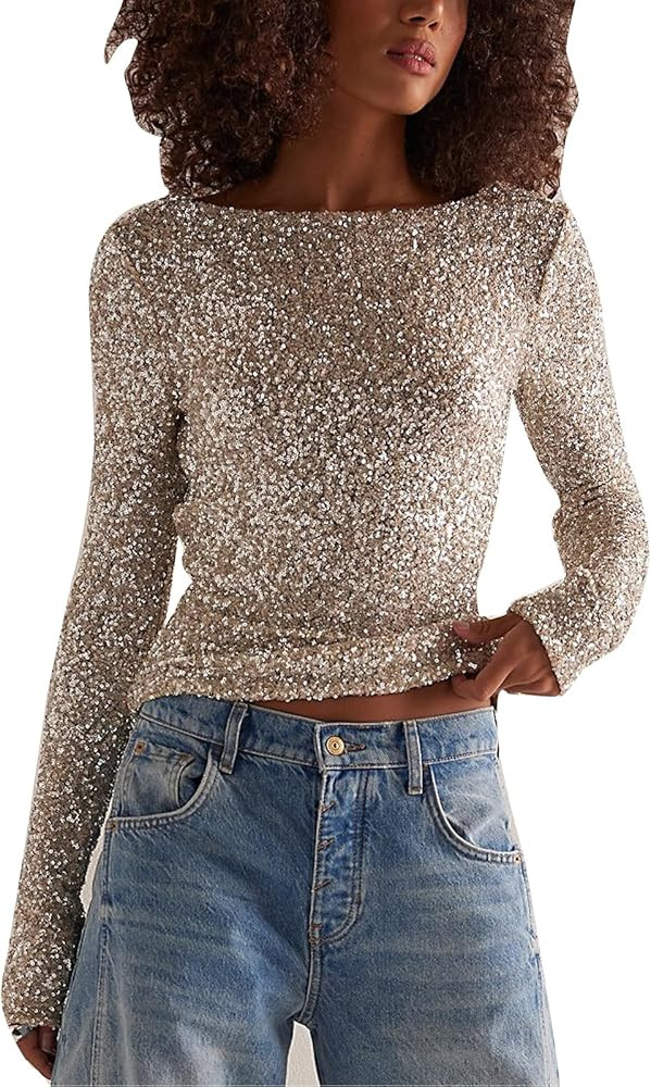 Women Long Sleeve Sequin Crop Tops Back Cowl Neck Sparkly Shirts Club Party Night Glitter Top | Amazon (US)