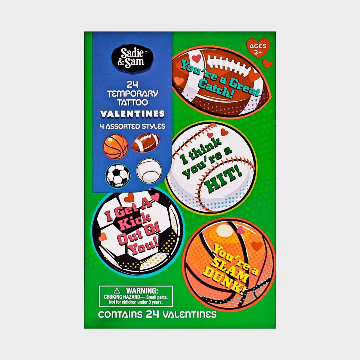 Sadie & Sam 24ct Valentine's Day Exchange Cards Sports Ball Temporary Tattoos | Target