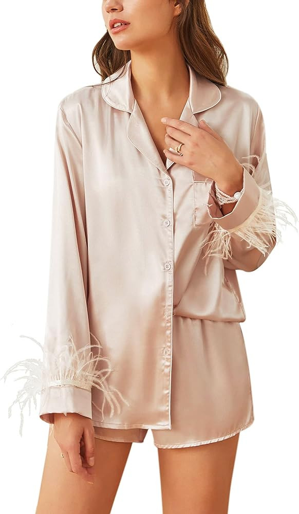 Ekouaer Women's Bridal Feather Trim Silk Satin Pajama Set Long Sleeve Lounge Sets Sleepwear (Remo... | Amazon (US)