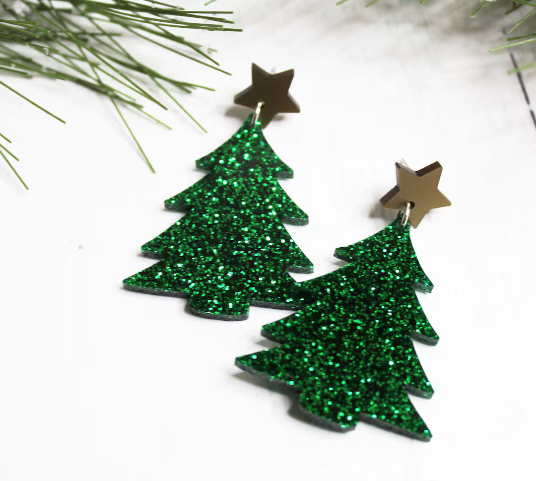 Glitter Christmas Tree Dangle Earrings: Holiday Statement Jewelry | Etsy (US)