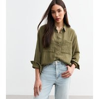 Women's Khaki Crinkled Texture Cotton Shirt New Look | New Look (UK)