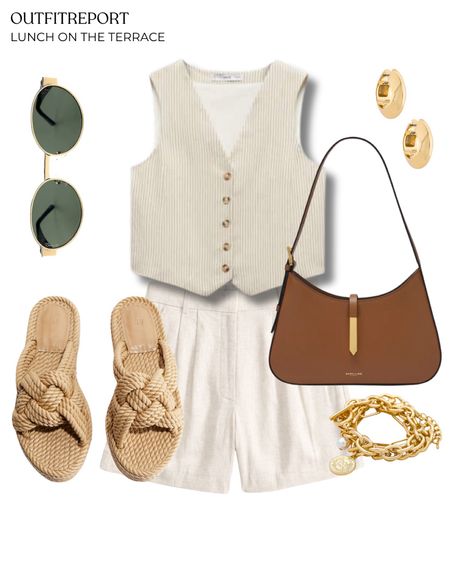 Linen shorts vest top brown demellier handbga sandals and gold jewellery 

#LTKbag #LTKstyletip #LTKshoes