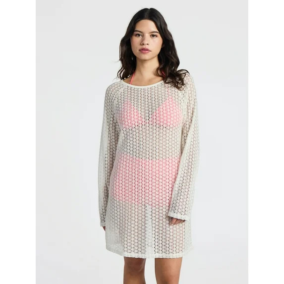 No Boundaries Crochet Raglan Dress Swim Coverup with Long Sleeves, Women's | Walmart (US)