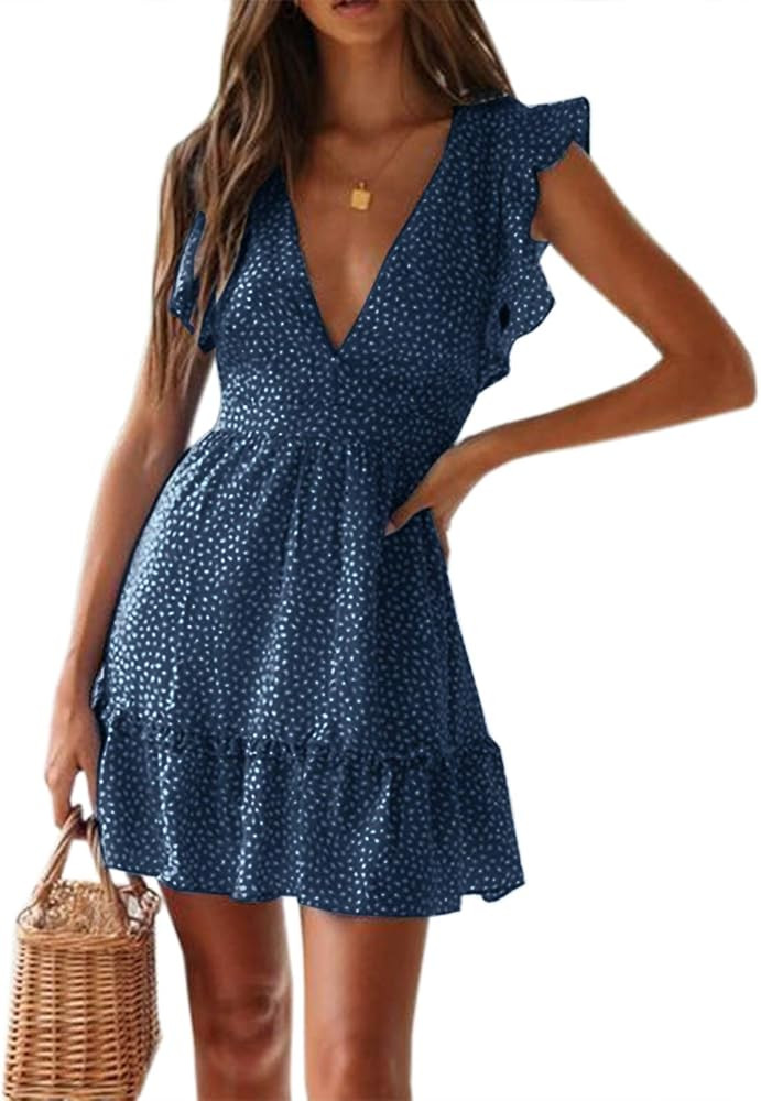 Women Floral Mini Dress Sexy V Neck Ruffle Flutter Sleeve Polka Dot Summer Dresses | Amazon (US)