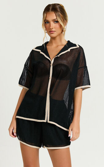 Cade Two Piece Top and  Shorts Set - Trim Knit Short Set in Black/Tan | Showpo (US, UK & Europe)