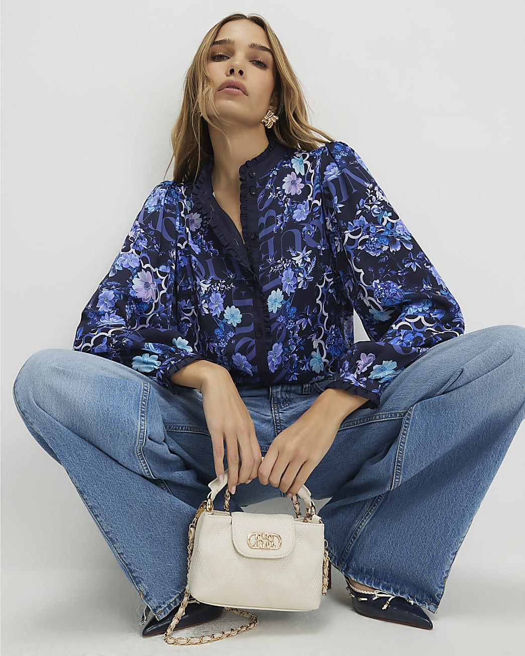 Blue Floral Long Sleeve Ruffle Blouse | River Island UK & IE