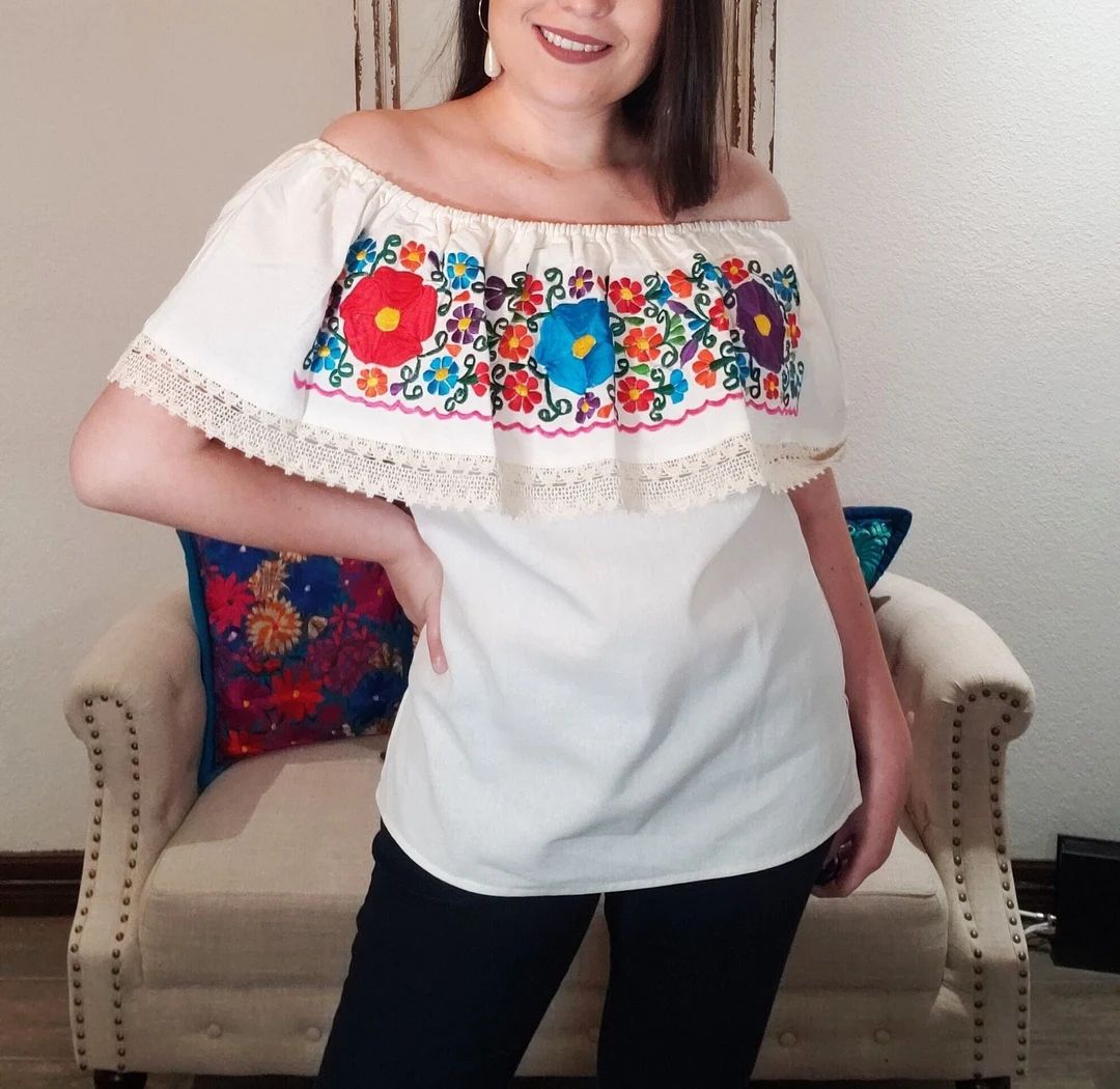 Mexican Embroidered Blouse, Off The Shoulder Blouse, White Artisanal Mexican Blouse, Floral Mexic... | Etsy (US)