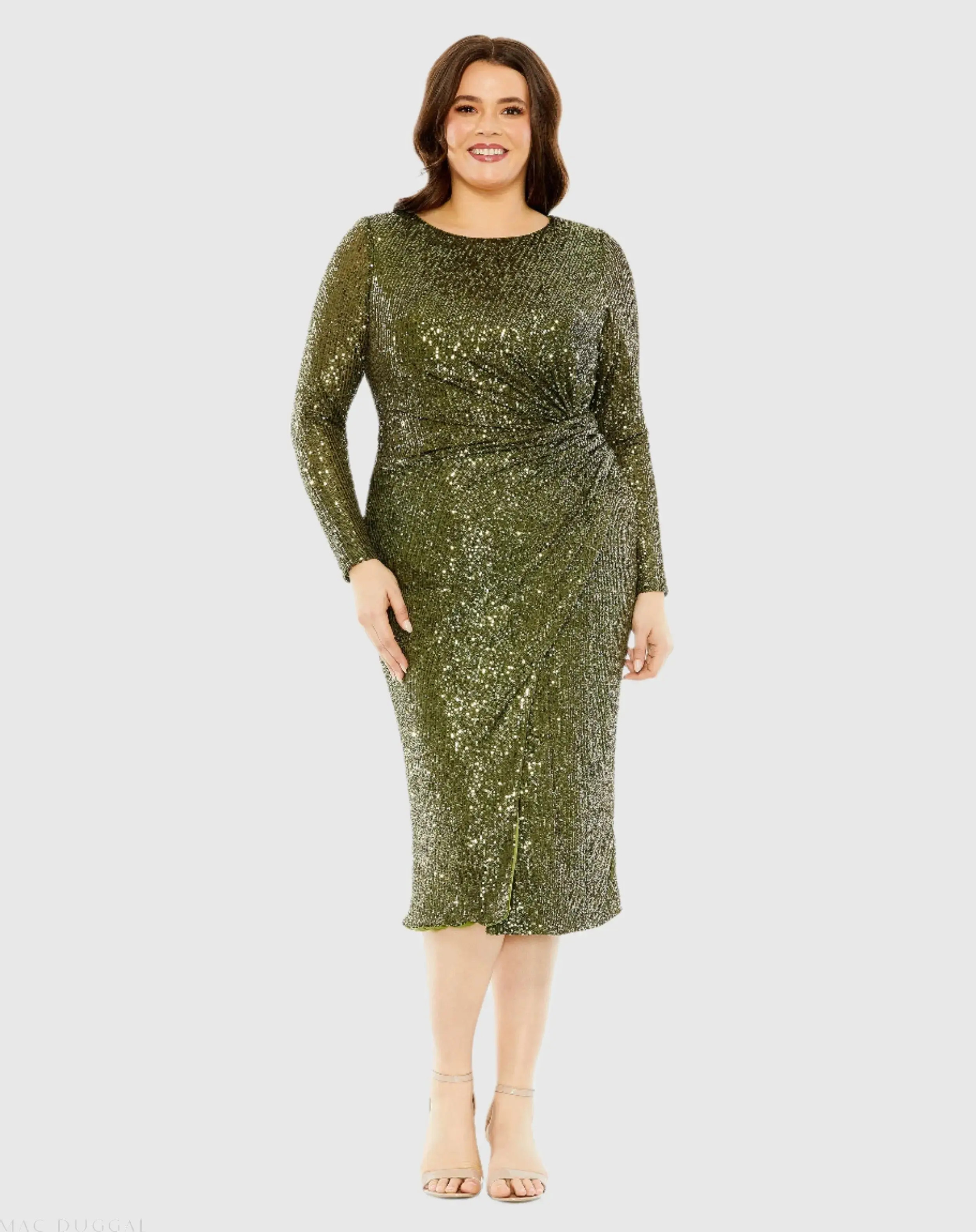 Green Long Sleeve Sequin Gathered Waist Dress - Mac Duggal | Mac Duggal