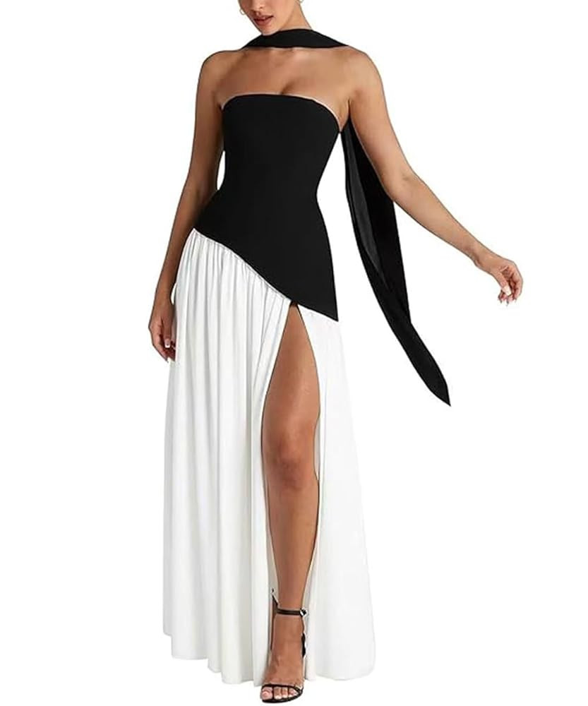 ABINGOO Women Strapless Patchwork Maxi Dress Sexy High Slit Tube Top Party Club with Scarf Long P... | Amazon (US)