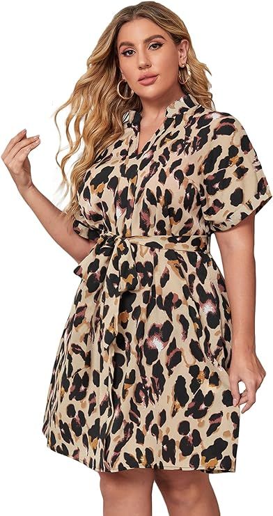 WDIRARA Women's Plus Size Leopard Print Notched Neck Short Sleeve Belted Dress | Amazon (US)