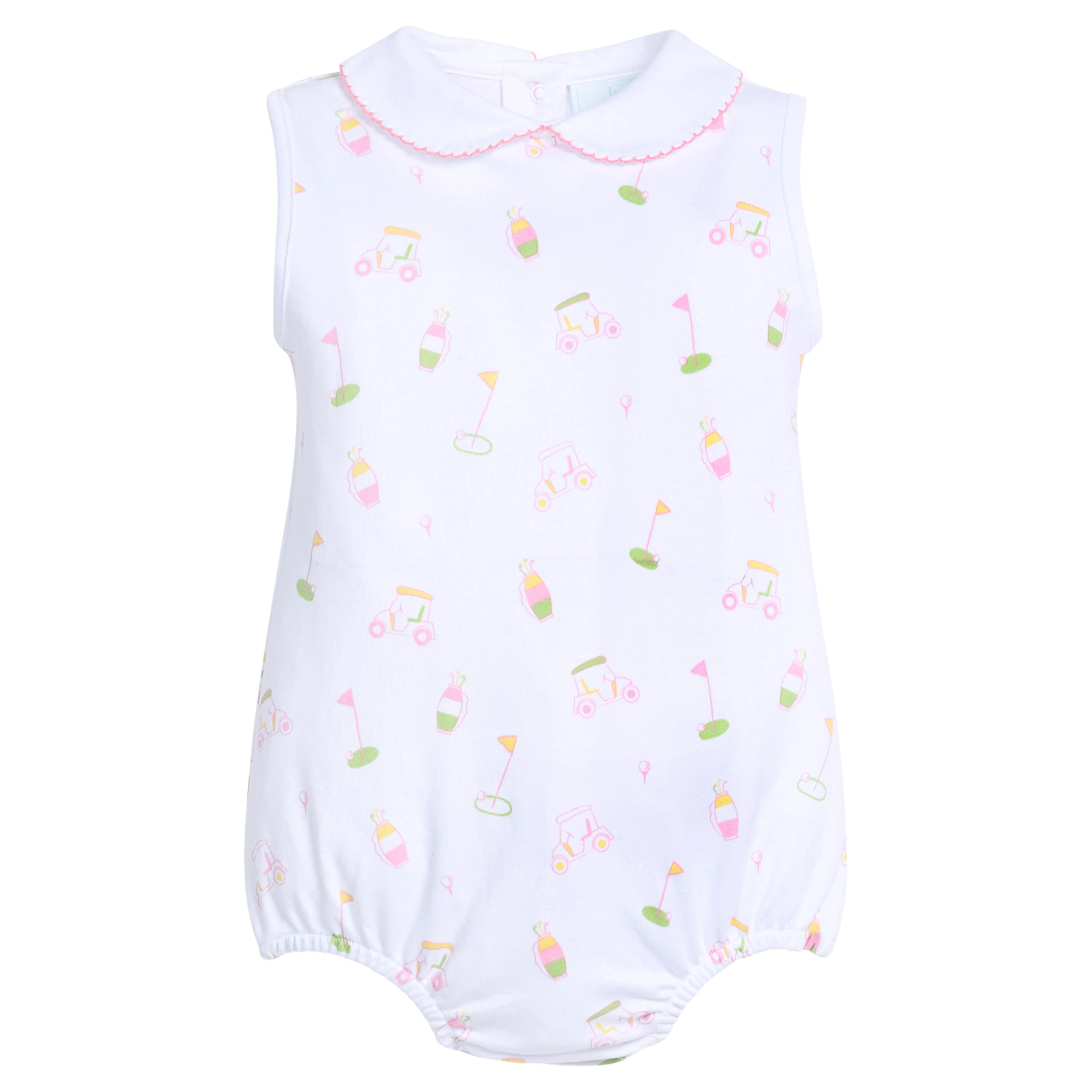 Girls Printed Peter Pan Bubble Romper in Pink Golf | Little English