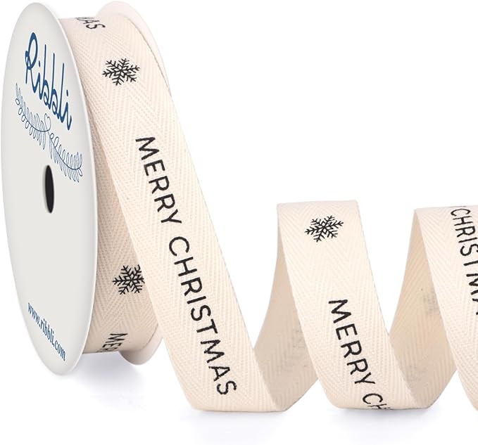 Ribbli Christmas Cotton Ribbon Natural Twill Tape Cotton with Black Merry Christmas and Snowflak ... | Amazon (US)