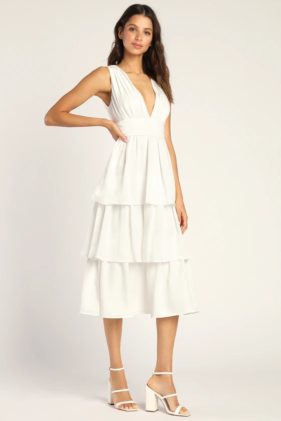 Peak Party Vibe White Satin Tiered Tie-Back Midi Dress | Lulus (US)