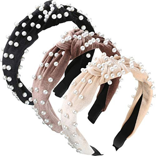 WILLBOND 3 Pieces Pearls Headband Knotted Headband for Women Velvet Pearls Headwear for Woman Hair Accessories (Beige, Pale Mauve, Black) | Amazon (US)
