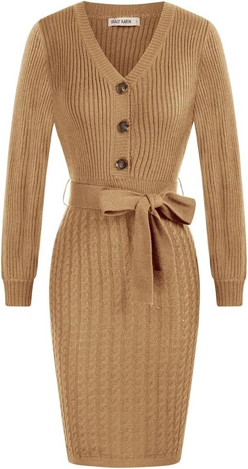 GRACE KARIN Women V Neck Jumper Sweater Dress Knitted Elegant Long Sleeve Bodycon Dress with Belt | Amazon (UK)