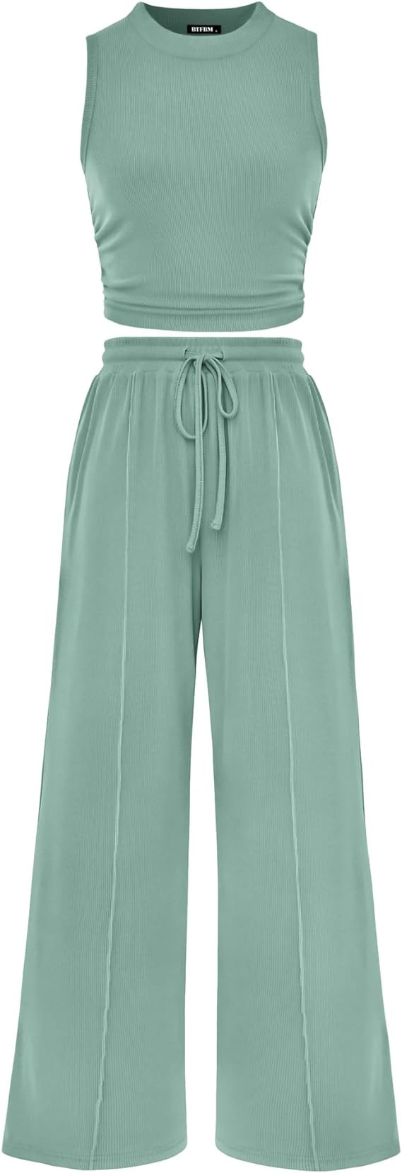 BTFBM Summer Outfits For Women 2026 Cropped Sleeveless Tank Tops Wide Leg Pants 2 Piece Sets Beac... | Amazon (US)