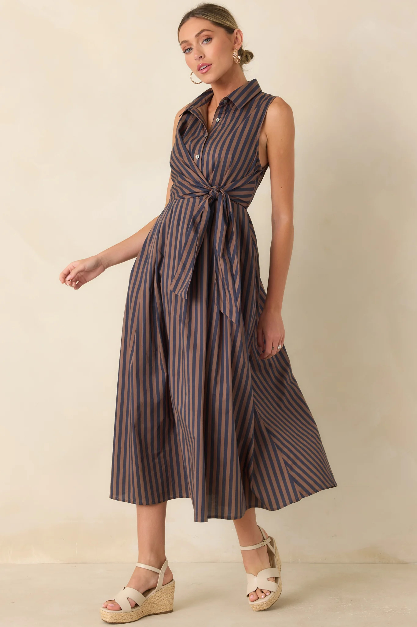 Taking Shape Navy & Tan Striped Tie Front Cotton Midi Dress | Red Dress