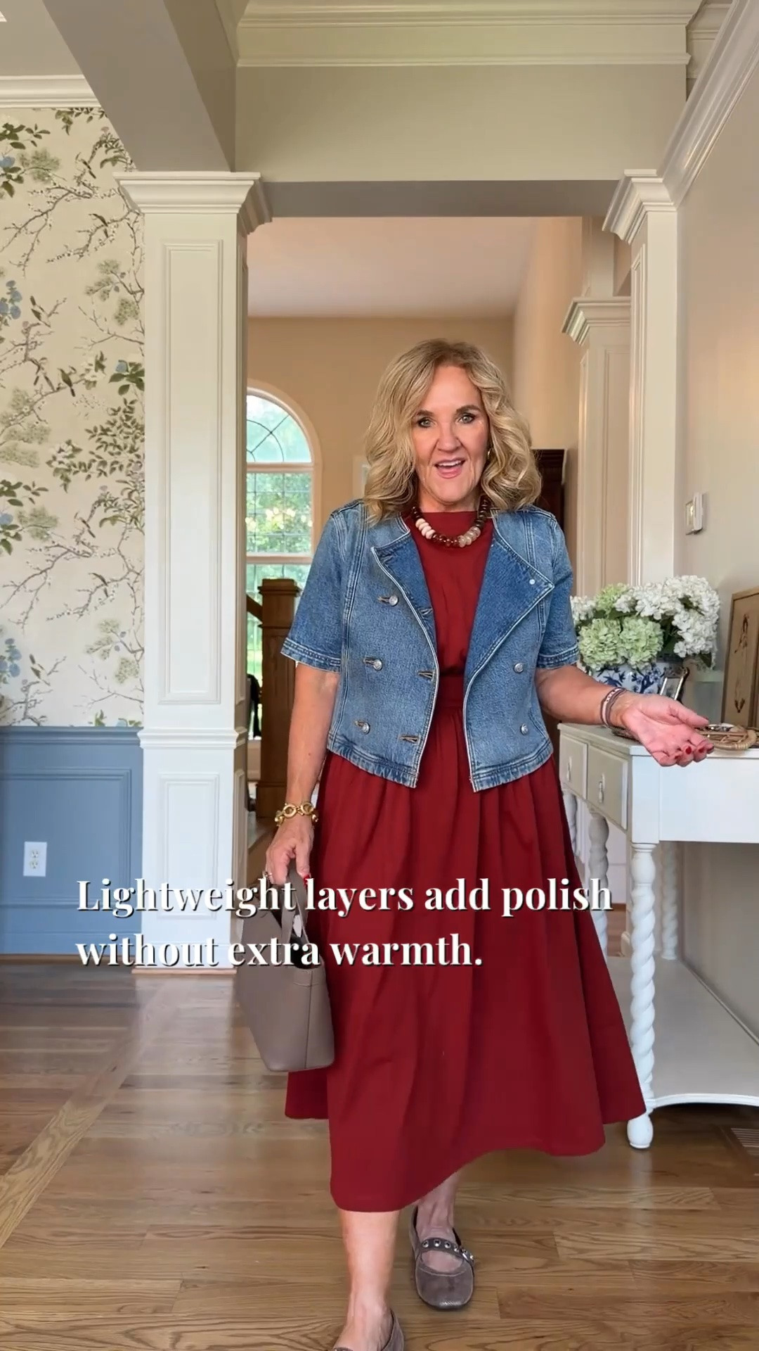 One easy layer can completely change a dress. 💙 This cropped denim jacket adds shape without feeling bulky, making flowy midi dresses feel more polished and flattering. I paired it with loafers for a comfortable look that's ready for lunch, church, travel, or dinner out. Wearing a size medium, and it fits true to size with an easy, relaxed fit. ✨

💡 LTK MADE EASY
❤️ Heart = Support my posts!
🔖 Save = Get sale & restock alerts
📋 Lists = Keep favorites organized
📲 Share = Send lists and products to a friend. Hello, Christmas List!
💬 Comment = Ask me anything about what I'm wearing.🙂

#LTKootd #LTKOver40 #LTKSaleAlert