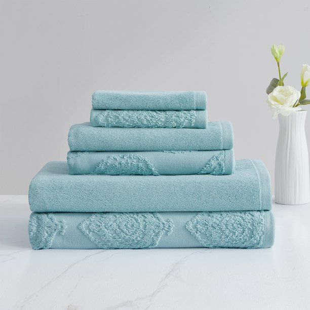 My Texas House 6 Piece Channing Damask Cotton Bath Towel Collection, Aqua Blue | Walmart (US)