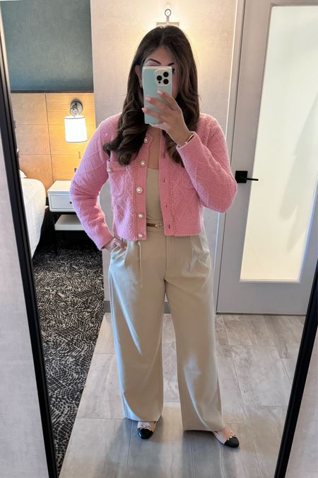 Spring business casual outfit. Pink tweed Amazon sweater, pleated pants and cap toe ballet flats 

Parisian outfit / chic work outfit / size 12 workwear / size 10 workwear / size 8 workwear / Amazon finds / Amazon spring sale 

#LTKworkwear #LTKmidsize #LTKfindsunder100