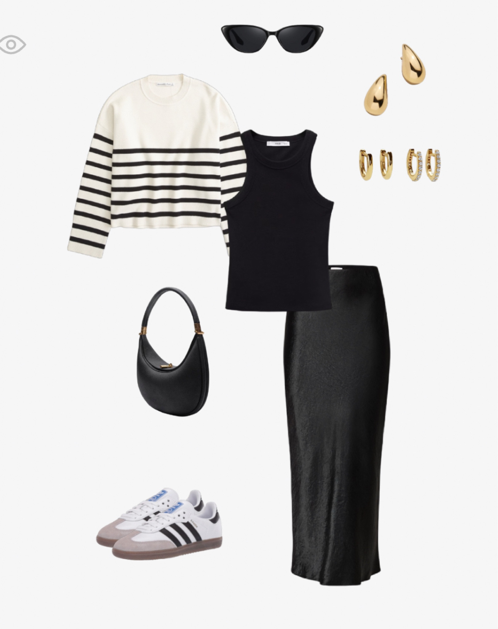 Fall outfit idea! Old money casual outfit. Pairing a sleek slip skirt with a tank and the perfect striped sweater to keep off the chilly days to come! Add some sambas for walking around and my everyday sculptural tear drop earrings! Also these cat eye sunglasses are $20 and make any outfit look super chic!

#LTKSeasonal #LTKFindsUnder50 #LTKFindsUnder100