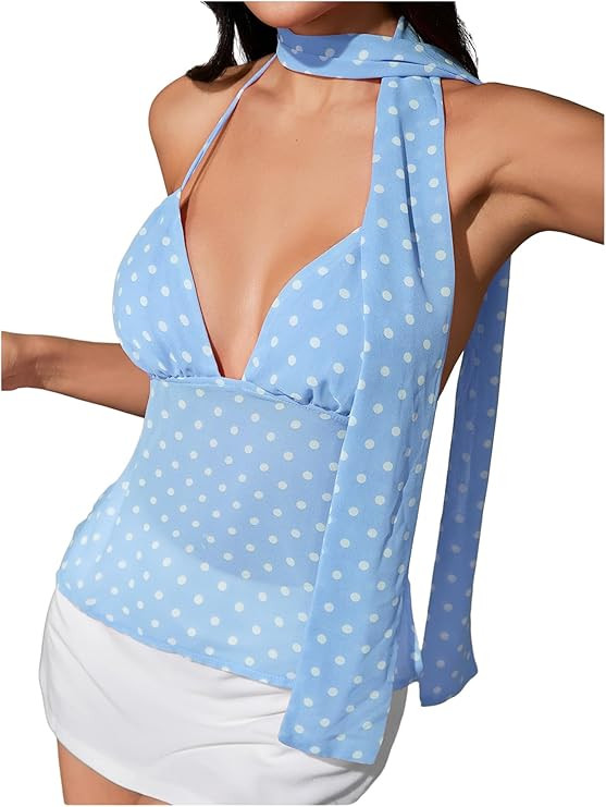 Floerns Women's Polka Dots Tie Front Tops Backless Camisole Tie Back Cami Top with Ribbon | Amazon (US)