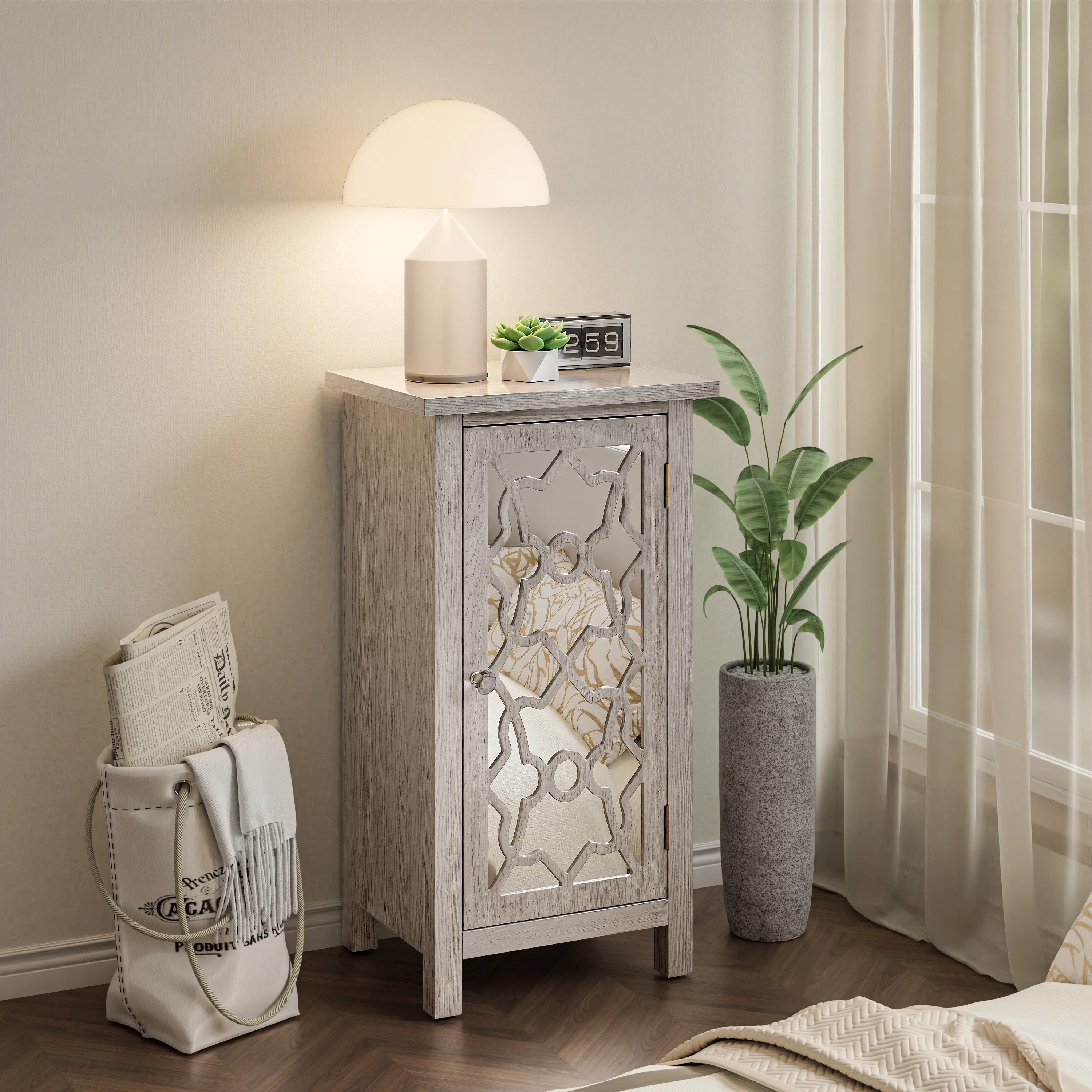 SXOVE Modern Farmhouse Nightstand with Mirror Front, 2 Shelves, Retro Tall Cabinet End Table, Light Gray | Wayfair North America