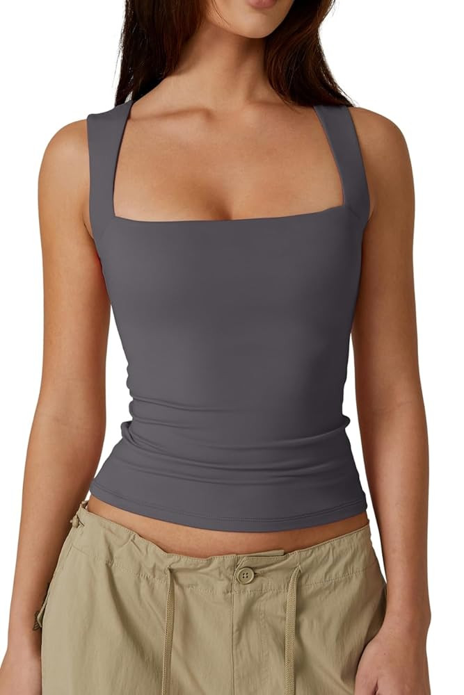 QINSEN Women's Square Neck Sleeveless Double-Layer Tank Tops Basic Tight T Shirts | Amazon (US)