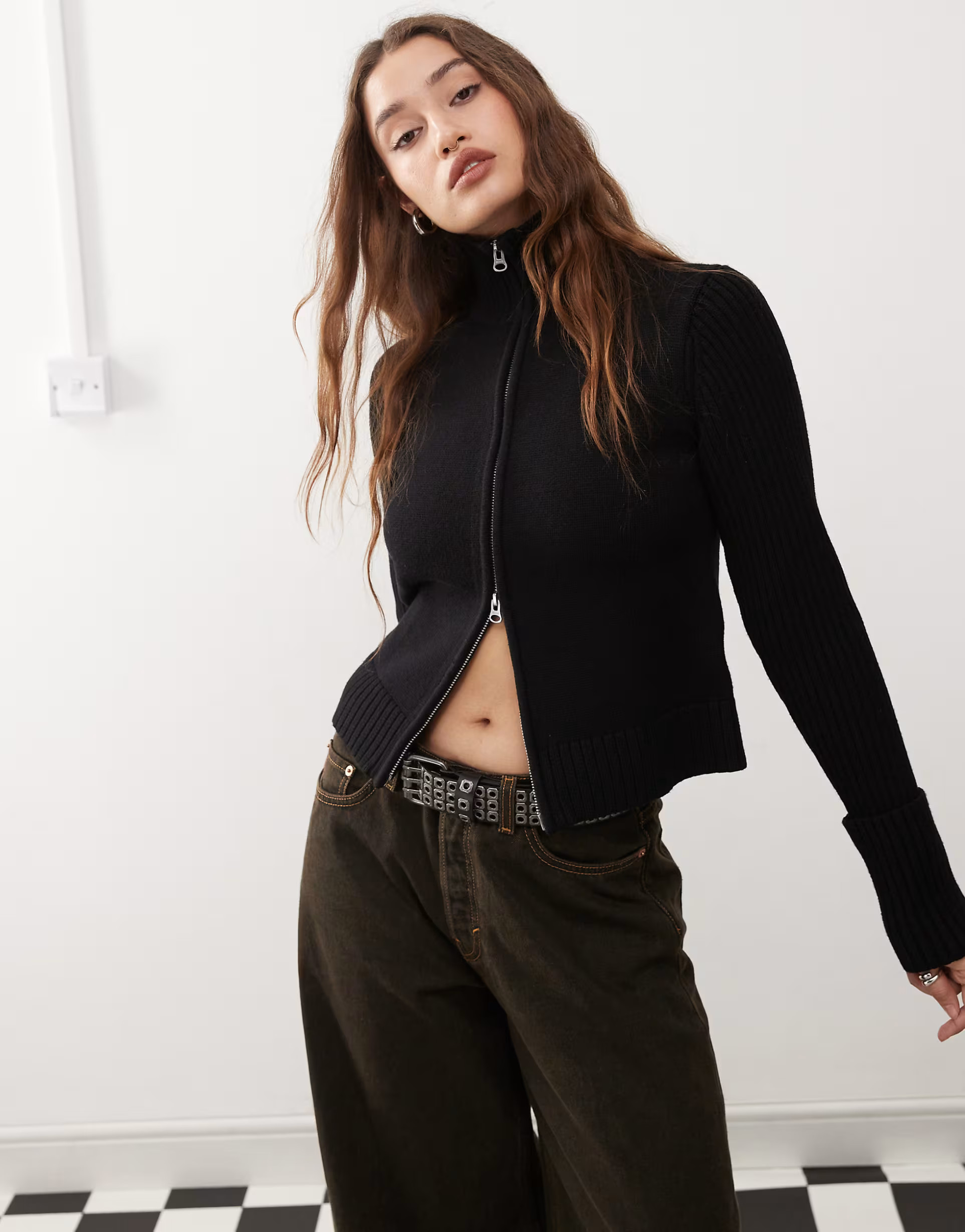 Weekday Winona high neck zip cardigan with folded cuffs in black | ASOS | ASOS (Global)
