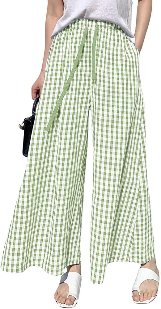 chouyatou Women's Plaid Wide Leg Culotte Pants Gingham High Elastic Waisted Cropped Palazzo Pants... | Amazon (US)