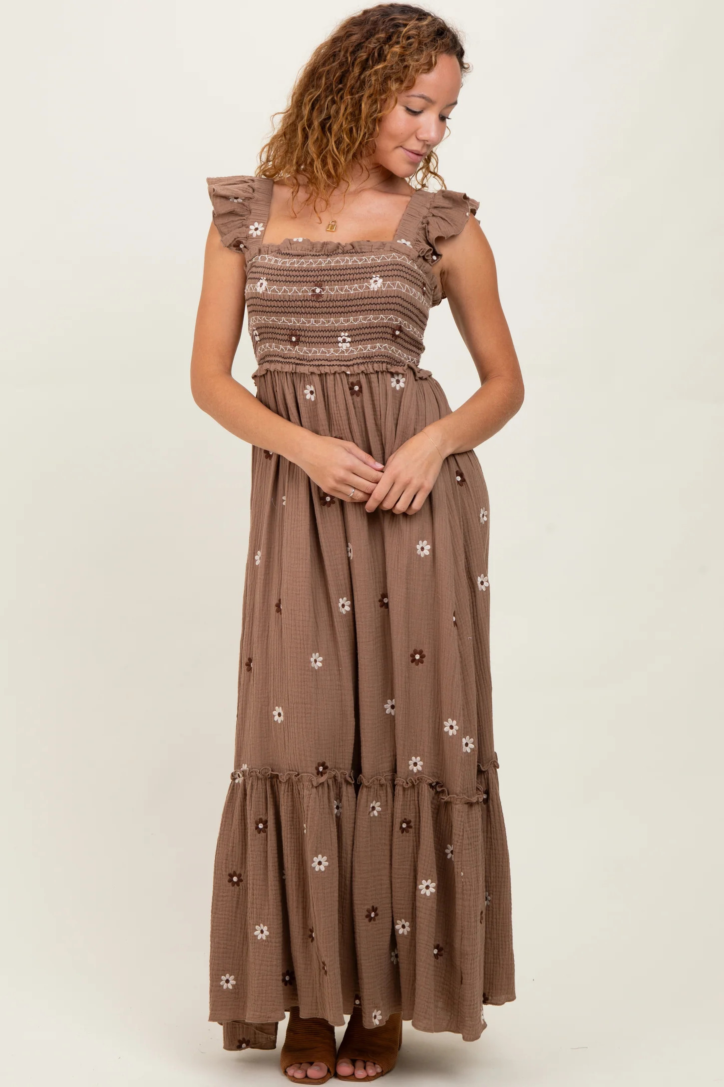 Mocha Floral Embroidered Smocked Maxi Dress | PinkBlush Maternity