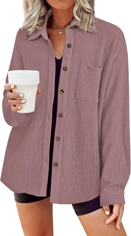 HOTOUCH Waffle Button Down Shirts for Women Dressy Casual Work Shacket V Neck Long Sleeve Lightwe... | Amazon (US)