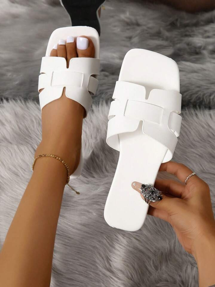 Women's Simple Style Plain Strappy Flat Sandals For Summer, Women's White Flat Sandals | SHEIN
