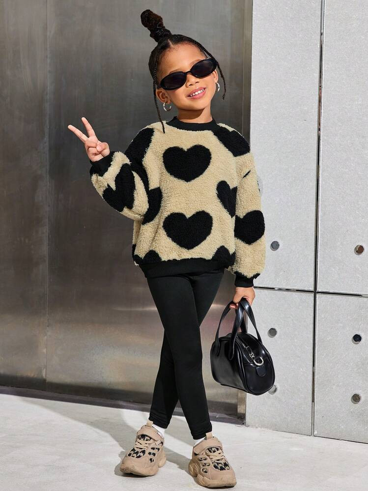 SLAYR KIDS Young Girl Casual Knit Lining Heart Printed Pullover Top & Solid Color Knit Pants Set ... | SHEIN