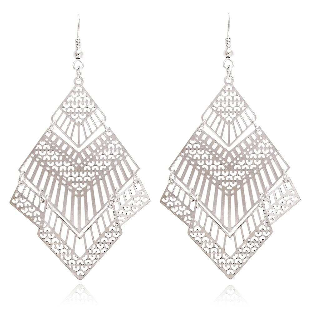 Boho Geometric Filigree Rhombus Shape Tiered Dangle Drop Statement Earrings | Amazon (US)